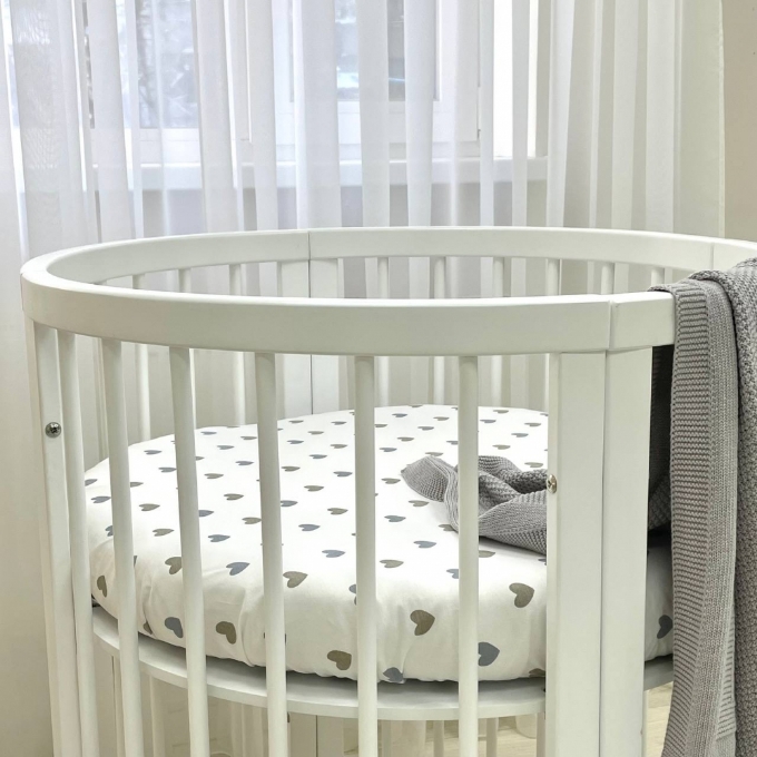 Husa saltea rotunda patut bebe copii cu elastic, Inimioare bej-gri (4)